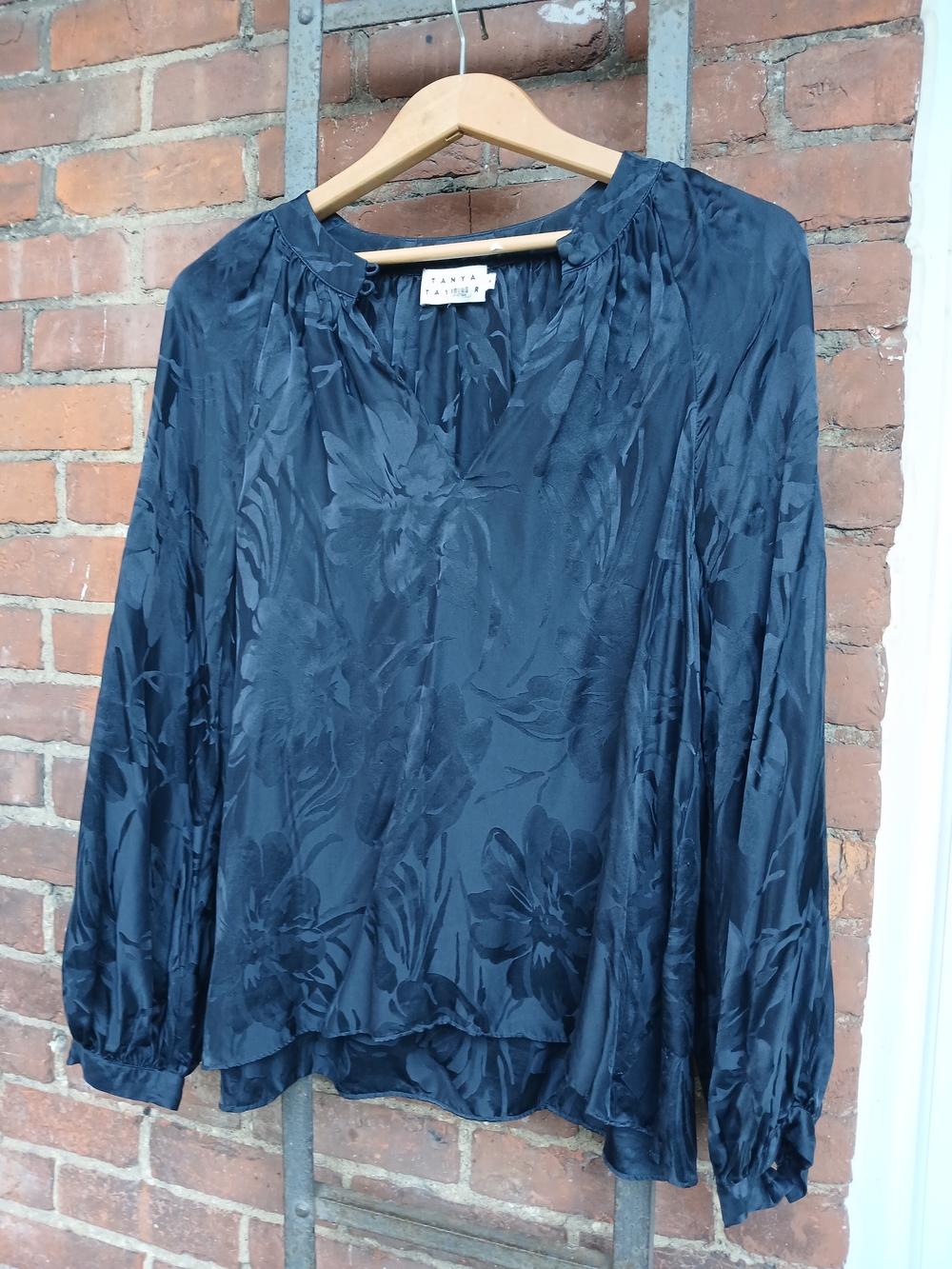 Navy Floral Silk V-Neck Long Sleeve Blouse